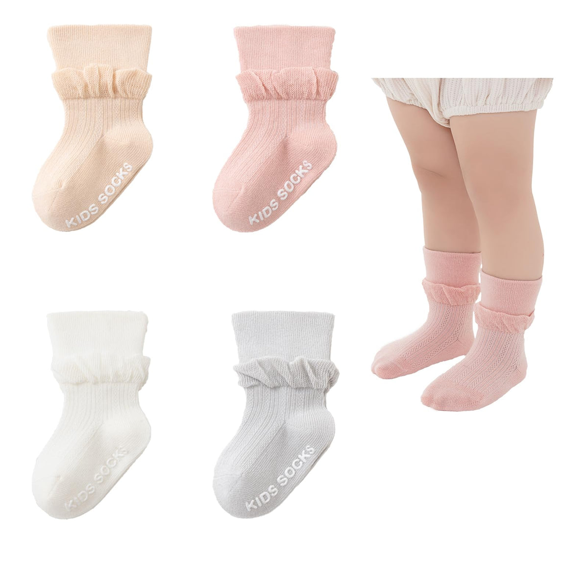Yeshore Toddler ruffle socksnewborn Lace socks for Baby Infant Kids girl (US Age 6 Months 12 Months BeigeWhiteGreyPink - 4 Pairs)