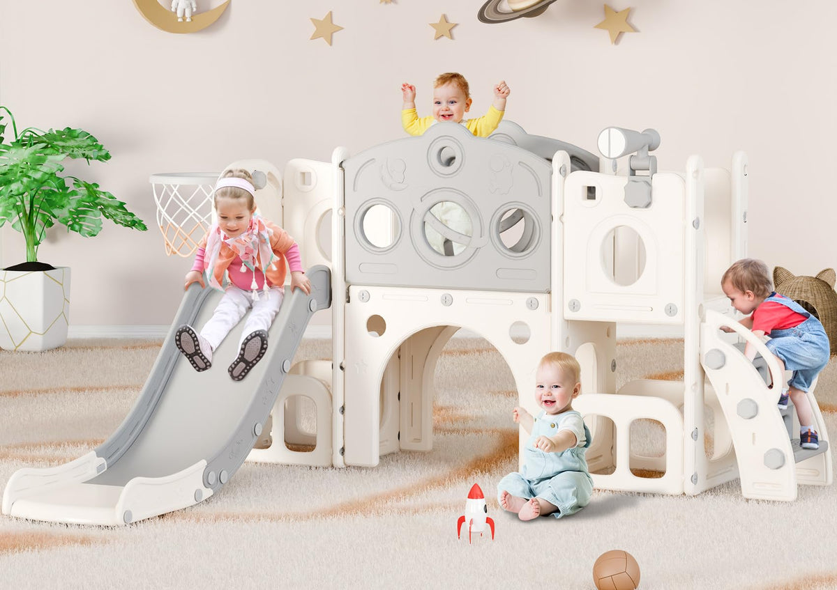 8-in-1 Toddler Slide Playset – White & Gray