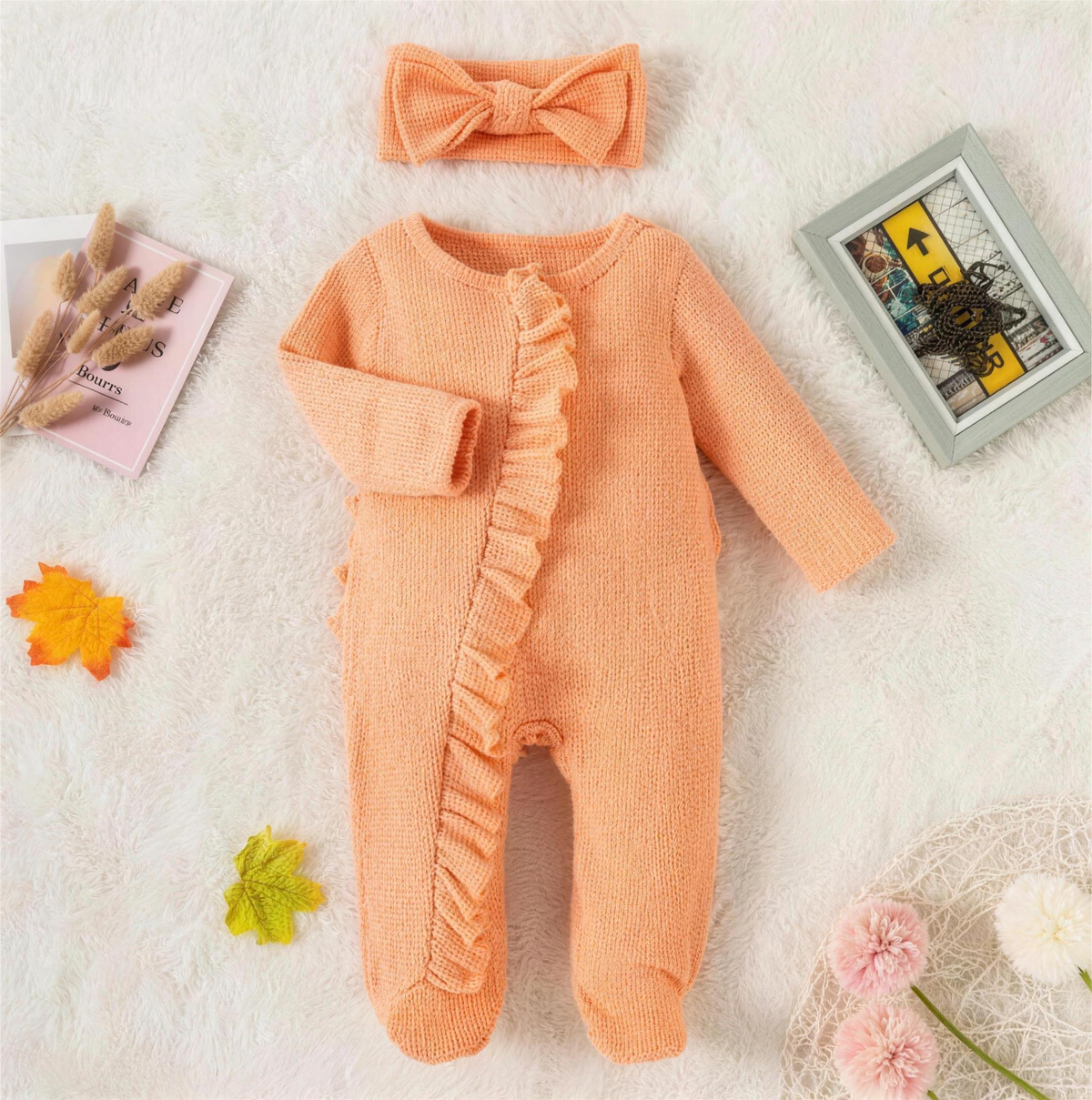 Ribbed Zip Footed Romper – Orange