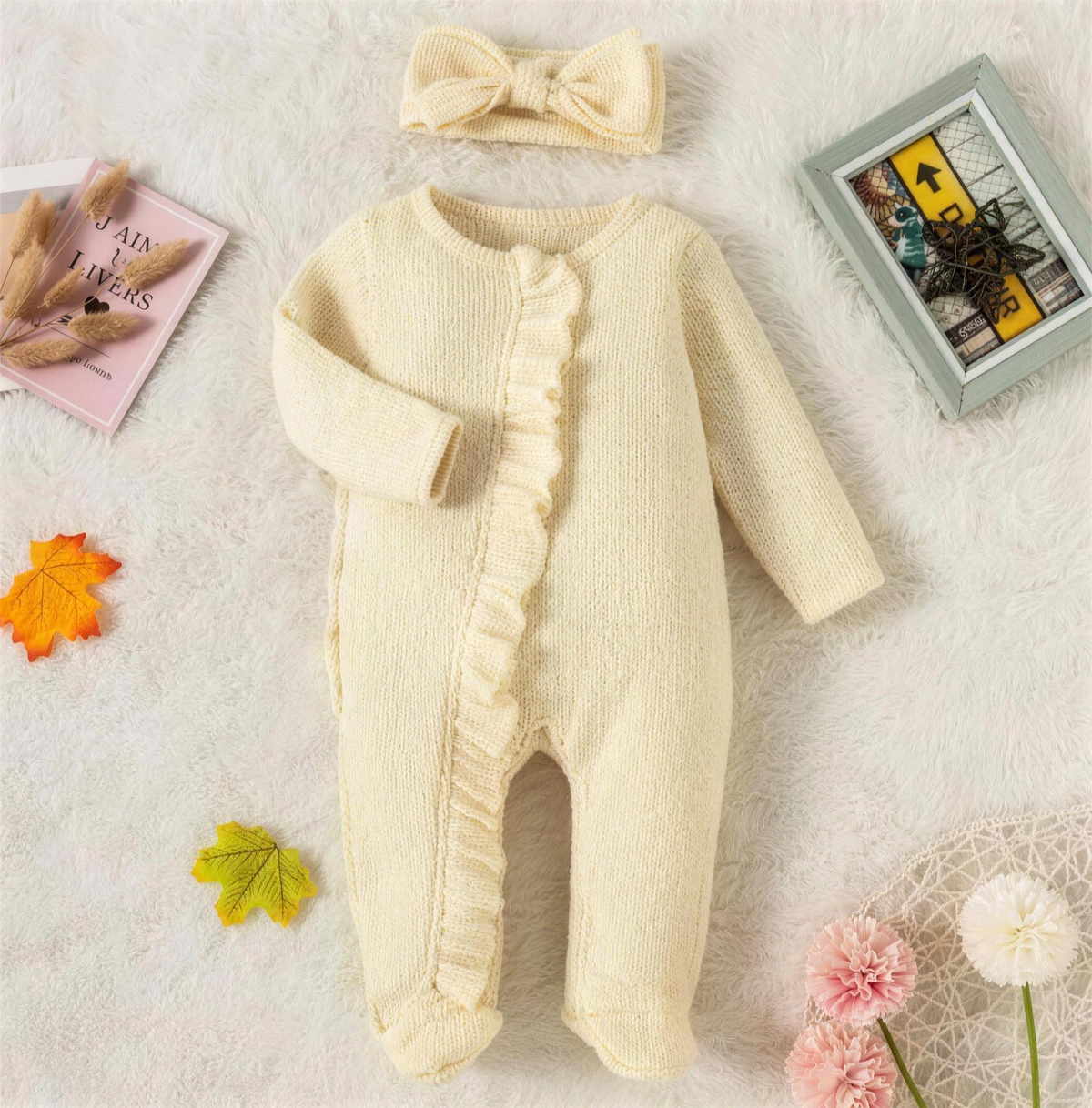 Ribbed Zip Footed Romper – Beige