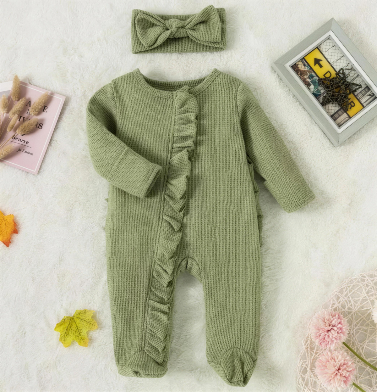Ribbed Zip Footed Romper – Green