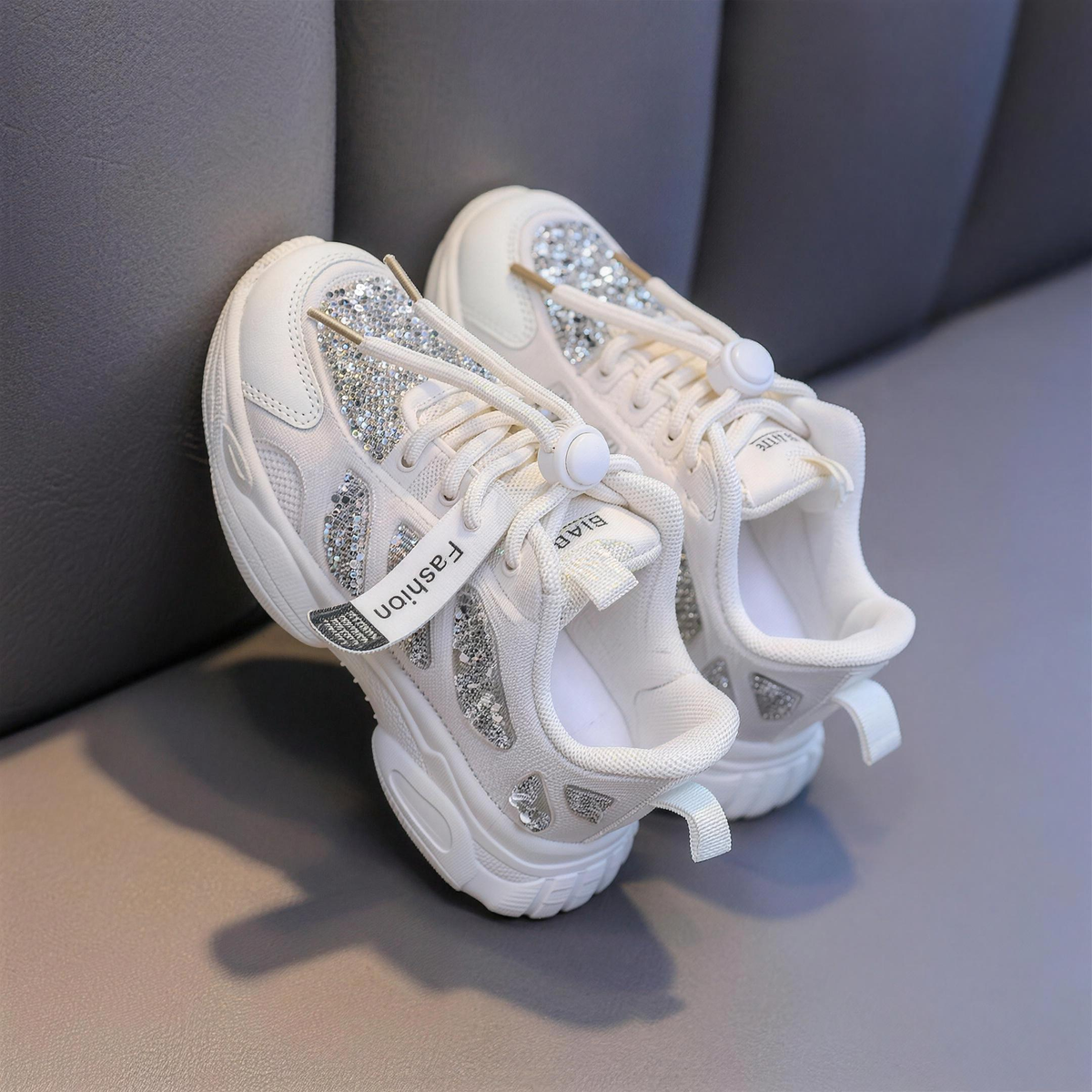 Kids' Breathable Mesh Sequin Sneakers – Beige