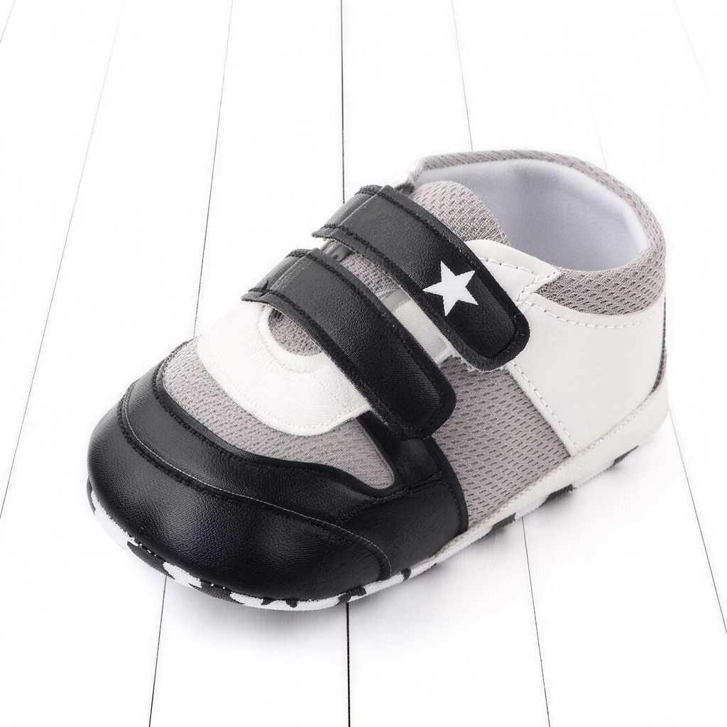 Two-Strap Soft-Sole Baby Sneakers – Gray & Black