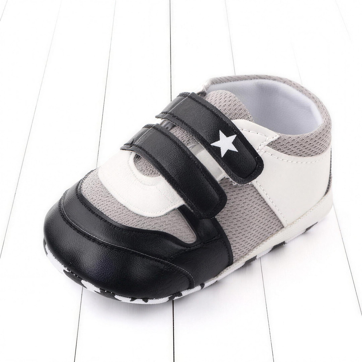 Two-Strap Soft-Sole Baby Sneakers – Gray & Black