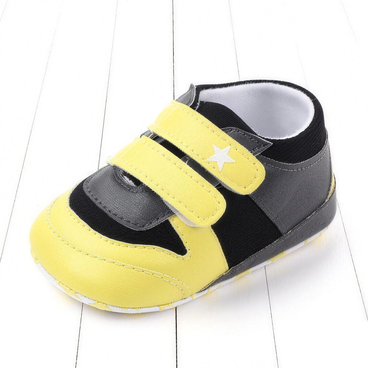 Two-Strap Soft-Sole Baby Sneakers – Yellow & Black