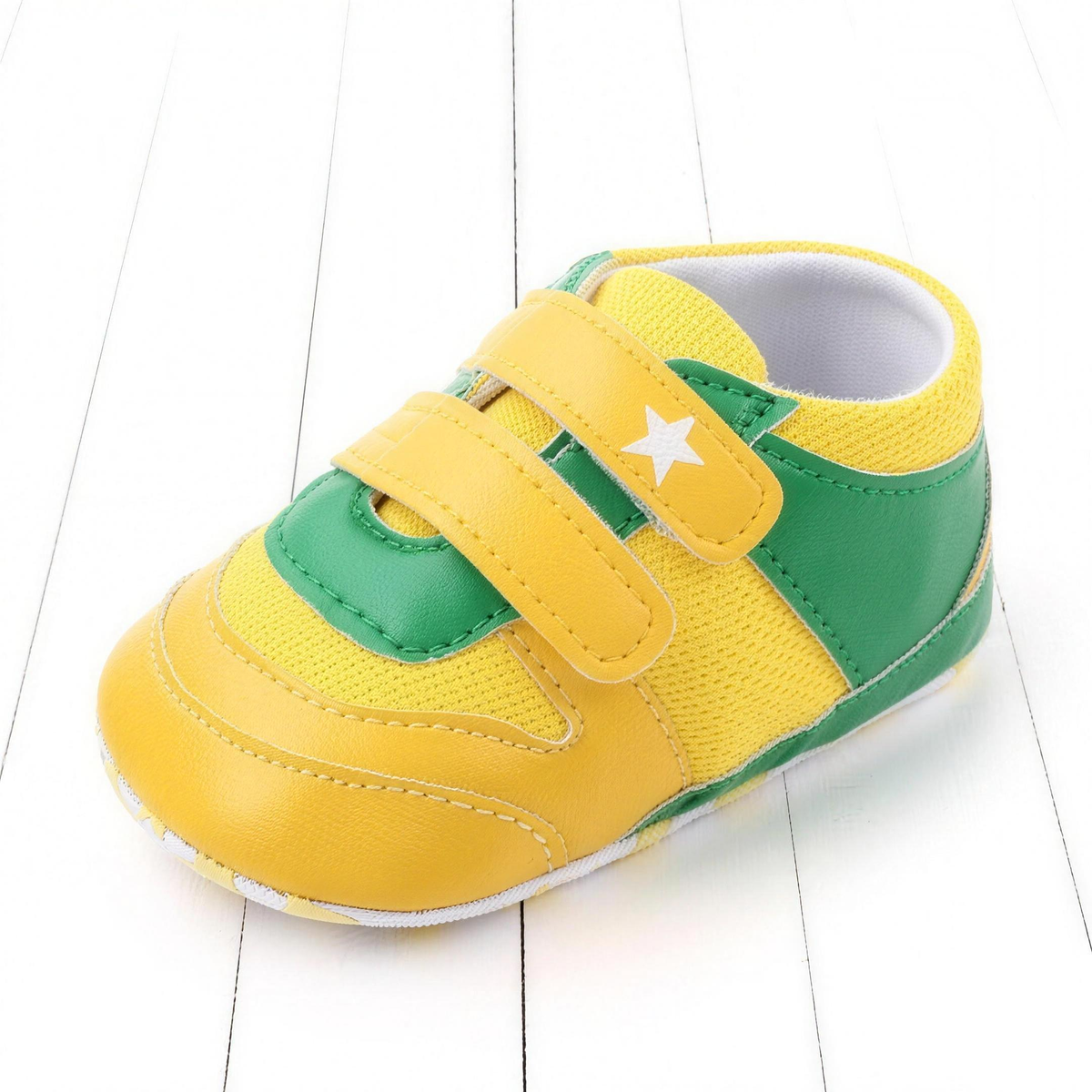 Two-Strap Soft-Sole Baby Sneakers – Yellow & Green